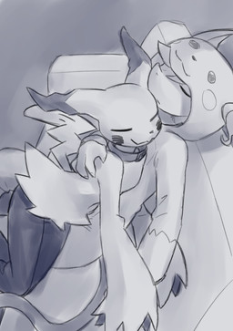 4_fingers alternate_species anthro biped claws clothed clothed/nude clothed_anthro clothed_male clothing collar collar_only duo eyes_closed female finger_claws fingers hair kigurumi male nude nude_anthro nude_female onesie pokemorph sitting sleeping tail sealer4258 nintendo pokemon lewin_(sealer4258) mimi_(sealer4258) generation_7_pokemon mimikyu pokemon_(species) 2025 absurd_res digital_drawing_(artwork) digital_media_(artwork) hi_res
