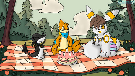 anthro bedding blanket cake dessert detailed_background food group happy male male/male outside picnic smile trio cometmystic21 nintendo pokemon buizel eeveelution generation_2_pokemon generation_4_pokemon generation_5_pokemon mammal mustelid musteline pokemon_(species) snivy true_musteline umbreon weasel hi_res