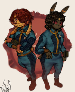 anthro anthrofied boots bottle_cap clothing duo ears_up female footwear high-angle_view looking_at_viewer pip-boy pokemorph pose shoes thick_thighs vault_suit wide_hips pinkurii fallout microsoft nintendo pokemon lagomorph leporid mammal rabbit absurd_res hi_res