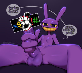 4_fingers anthro bedroom_eyes big_penis caine_censorship censor_bar censored_genitalia censored_penis fingers genitals hand_on_penis ineffective_censorship inviting_to_sex inviting_viewer male narrowed_eyes nude penis seductive sitting sitting_on_ground smug_grin solo speech_bubble talking_to_viewer ari_dibujitos glitch_productions the_amazing_digital_circus caine_(tadc) jax_(tadc) lagomorph leporid mammal rabbit absurd_res censored hi_res