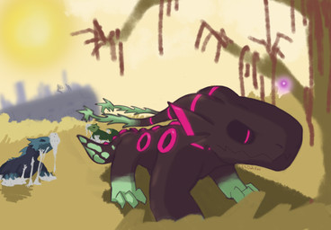 3_claws 3_toes 4_legs ambiguous_gender back_spines big_tail black_body black_sclera blue_markings blue_outline bodily_fluids branch brown_outline building cheek_tuft circle_(marking) claws clear_sky determined determined_eyes ear_markings eyes_closed facial_tuft feet feral fur gloves_(marking) grass grass_field green_markings group jagged_mouth leg_markings long_ears mark_of_communication markings mouth_closed outline outside pink_eyes pink_markings plant ring_(marking) saliva saliva_on_face saliva_on_foot saliva_string shaded_background shaded_face shadow sky snout socks_(marking) spots spotted_body spotted_markings spotted_tail sticky striped_ears striped_markings stripes structure struggling stuck sun tail tail_markings tail_spines tail_spots toes tree trio tuft unusual_bodily_fluids unusual_saliva itsdahexo rain_world videocult fan_character roea blue_lizard_(rain_world) green_lizard_(rain_world) hybrid lizard lizard_(rain_world) reptile scalie digital_media_(artwork) digital_painting_(artwork) hi_res painting_(artwork) shaded shaded_line_art signature