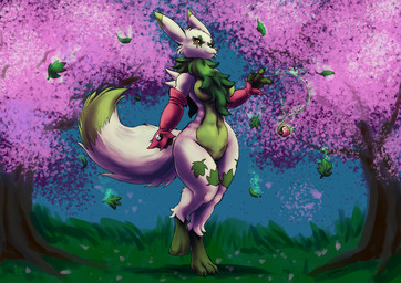 anthro armwear biped black_nose breasts bridal_gauntlets cheek_tuft cherry_blossom claws clothing countershade_fur countershade_torso countershading curvy_figure digitigrade dipstick_ears dipstick_tail ear_markings eye_markings facial_tuft female flower fluffy fluffy_tail front_view fur fusion gloves gloves_(marking) gloves_only grass green_body green_countershading green_fur green_markings handwear handwear_only leaf leg_markings looking_at_viewer markings medium_breasts mostly_nude multicolored_body multicolored_ears multicolored_fur navel neck_tuft on_one_leg outside plant prunus_(flower) reverse_countershading socks_(marking) solo standing tail tail_markings thigh_markings toe_claws tuft two_tone_body two_tone_fur voluptuous white_body white_fur wide_hips yin_yang yo-yo s-nina bandai_namco digimon nintendo pokemon canid canine digimon_(species) floragato generation_9_pokemon hybrid mammal pokemon_(species) renamon 2026 crossover