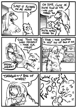 anthro bag beverage book bookshelf container cup dialogue fur furniture tea tea_cup teapot text wind yvme beasties_(series) chai_(beasties) ruper_(beasties) theripo absurd_res comic english_text hi_res monochrome
