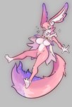 anthro big_breasts big_ears big_tail blush blush_stickers bottomless breasts clothed clothing dialogue facial_tuft fangs featureless_breasts featureless_crotch female fingers floating fluffy fluffy_tail fur grey_background hair hand_on_cheek long_tail looking_at_viewer multicolored_body multicolored_eyes multicolored_fur nude nude_anthro nude_female open_mouth open_smile partially_clothed pink_body pink_clothing pink_fur pink_hair purple_body purple_fur simple_background smile solo sparkles star_eyes tail tail_tuft teeth text topwear topwear_only tuft white_body white_fur snoutless honkai:_star_rail mihoyo mem_(honkai:_star_rail) unknown_species 2025 absurd_res artist_name digital_drawing_(artwork) digital_media_(artwork) english_text hi_res