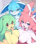 anthro areola big_breasts blue_body blue_eyes blue_fur blue_hair blush breast_squish breasts breasts_frottage brown_eyes female fur green_hair group hair heart_symbol looking_at_viewer nipples nude nude_anthro nude_female open_mouth pink_hair pokemorph purple_eyes smile squish teeth tongue trio white_body white_fur yellow_body yellow_fur devil-vox nintendo pokemon eeveelution generation_4_pokemon generation_6_pokemon glaceon leafeon pokemon_(species) sylveon 2025 absurd_res digital_media_(artwork) hi_res
