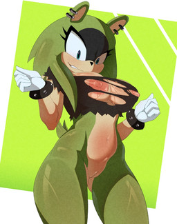 5_fingers abstract_background anthro areola big_breasts bottomless bracelet breasts clothed clothing ear_piercing ear_ring exposed_breasts eyelashes female fingers genitals gloves green_hair hair handwear innie_vulva jewelry long_hair navel nipple_dip nipples piercing ring_piercing sharp_teeth shirt smile solo studded_bracelet studded_jewelry studs tank_top teeth topwear torn_clothing vulva god1annie idw_publishing sega sonic_the_hedgehog_(comics) sonic_the_hedgehog_(idw) sonic_the_hedgehog_(series) surge_the_tenrec afrosoricid mammal tenrec 2025 hi_res