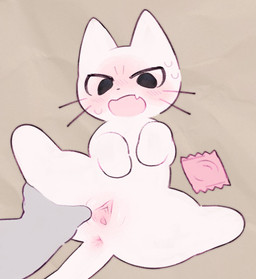 anus blush blushing_profusely bodily_fluids clitoral_hood condom_wrapper disembodied_hand duo featureless_feet feet female female_feral female_focus feral feral_focus genitals high-angle_view humanoid_hands inner_labia lying monotone_body on_back open_mouth paws quadruped simple_background solo_focus spread_vulva spreading sweat tan_background vulva white_body kit_(artist) shikaruneko_(series) shikaruneko domestic_cat felid feline felis mammal 2026 digital_drawing_(artwork) digital_media_(artwork) flat_colors hi_res