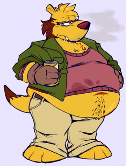anthro belly big_belly blue_eyes body_hair bottomwear can cigarette clothed clothing container fur gloves handwear happy_trail holding_can holding_container holding_object looking_at_viewer male navel open_clothing open_shirt open_topwear overweight overweight_anthro overweight_male pants raised_clothing raised_topwear shirt simple_background smoking smoking_cigarette solo standing topwear white_background yellow_body yellow_fur wiishyishii ty_the_tasmanian_tiger_(series) wozza_(ty_the_tasmanian_tiger) dasyuromorph mammal marsupial recently_extinct_species thylacine 2022 digital_drawing_(artwork) digital_media_(artwork) english_description hi_res