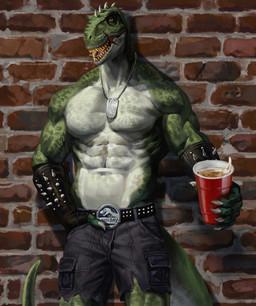 abs alcohol anthro beer belt beverage biceps bottomwear brick_wall claws clothing container cup dog_tags finger_claws gloves green_body hand_in_pocket handwear holding_container holding_cup holding_object male pecs pockets ribs shorts solo spiked_gloves spikes spikes_(anatomy) tail teeth tongue torn_clothing trapezius v-line wall_(structure) yellow_eyes shaneinvasion jurassic_park universal_studios rocco_(tallion) dinosaur prehistoric_species reptile saurischian scalie theropod tyrannosaurid tyrannosauroid tyrannosaurus tyrannosaurus_rex hi_res signature