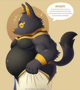 anthro belly belly_overhang biceps big_belly biped black_body black_fur bottomwear bottomwear_pull butt clothed clothing clothing_pull egyptian egyptian_clothing feederism fur happy male moobs mouthless musclegut muscular muscular_arms navel overweight overweight_anthro overweight_male pants pants_pull shendyt side_view simple_background solo speech_bubble standing stripes tail tan_background text topless torn_bottomwear torn_clothing torn_pants wardrobe_malfunction weight_gain yellow_stripes littlehyper egyptian_mythology middle_eastern_mythology mythology pixile_studios super_animal_royale anubis chonk_unabis_(littlehyper) anubian_jackal canid canine canis deity jackal mammal super_anubis_(sar) super_wolf_(sar) artist_name digital_media_(artwork) english_text hi_res signature url