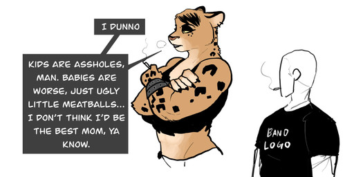 anthro biceps black_eyeshadow cartoon_freckles cigarette claws clothing crop_top crossed_arms crotch_lines dialogue duo eyelashes eyeshadow faceless_character faceless_male female female_anthro freckled_face freckles larger_anthro larger_female long_eyelashes makeup male male_human mascara mature_female midriff muscular muscular_anthro muscular_female narrowed_eyes piercing profanity shirt size_difference smaller_human smaller_male smoking speech_bubble spots spotted_arms spotted_shoulders tank_top text tomboy topwear torn_clothing torn_topwear aabramsart anon felid feline felis human leopard mammal pantherine absurd_res english_text hi_res