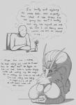 anthro big_breasts blaziken bodily_fluids breasts cleavage clothed clothing comic donkles duo english_text female freckles generation_3_pokemon greyscale hair hi_res huge_breasts human male mammal monochrome nintendo pokemon pokemon_(species) sitting smile sweat sweatdrop text thought_bubble