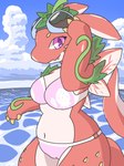 anthro bikini breasts camel_toe claws clothing female red_body seaside solo swimwear tail toe_claws two-piece_swimsuit white_body wings daaon_dragon mythology puzzle_and_dragons red_sky_fruit_strawberry_dragon strawberry_dragon dragon mythological_creature mythological_scalie scalie 3:4 hi_res