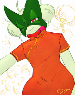 ambiguous_gender asian_clothing chinese_clothing chinese_dress clothing dress east_asian_clothing fur green_body green_fur lamp lantern looking_at_viewer one_eye_closed paper_lantern pupils red_clothing red_dress red_eyes red_nose simple_background slit_pupils solo wink winking_at_viewer bobisome nintendo pokemon generation_9_pokemon meowscarada pokemon_(species) 2025 absurd_res hi_res signature