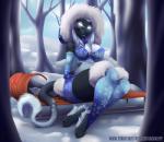 fluffy fur glowing glowing_eyes plant sled snow snowflake solo text tree winter jackalope_(artist) url