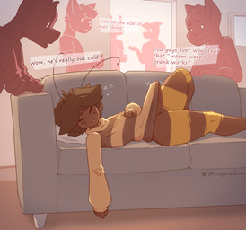 antennae_(anatomy) anthro big_penis bottomless bottomless_anthro bottomless_male brown_penis clothed clothing dialogue genitals group hand_on_belly humanoid_genitalia humanoid_penis looking_at_genitalia looking_at_penis male male_anthro partially_clothed penis sleeping solo_focus speech_bubble tenting text tinysmallman mazus_(tinysmallman) arthropod bee hymenopteran insect absurd_res digital_media_(artwork) english_text hi_res