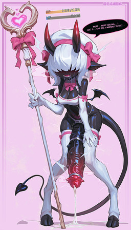 accessory armwear big_penis black_body black_skin bodily_fluids breasts clothing cock_ring dripping elbow_gloves exhausted front_view gameplay_mechanics genital_fluids genital_focus genitals glistening glistening_body glistening_breasts glistening_genitalia glistening_penis glistening_skin gloves gui gynomorph gynomorph_humanoid hair hair_over_eyes handwear health_bar hooves horn huge_penis hyper hyper_genitalia hyper_penis intersex intersex_humanoid jewelry mana_bar multiple_cock_rings penis penis_accessory penis_focus penis_jewelry pink_background precum precum_drip sharp_teeth simple_background solo spade_tail spiked_penis spikes spikes_(anatomy) staff standing tail teeth white_clothing white_gloves white_hair white_handwear womb_tattoo reagan_long demon humanoid full-length_portrait hi_res portrait