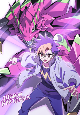 anthro duo eyewear glasses grey_eyes hair male multicolored_hair pink_body red_eyes sharp_teeth teeth dk_digimon bandai_namco digimon digimon_beatbreak tomoro_tenma armalizamon digimon_(species) human mammal scalie absurd_res hi_res
