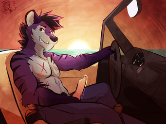 abs animal_genitalia animal_penis anthro arm_tuft athletic athletic_male biceps black_body black_fur black_mane black_nose black_stripes bodily_fluids bottomwear canine_genitalia canine_penis car chest_scar claws clothing convertible denim denim_bottomwear denim_clothing driving elbow_tuft erection fur genital_fluids genitals highlights_(coloring) holding_penis holding_steering_wheel jeans knot looking_at_viewer male mane navel nipples pants pecs penis pink_highlights pink_nipples precum precum_string purple_body purple_eyes purple_fur rear_view_mirror scar sea seat sitting smile smiling_at_viewer solo steering_wheel stripes sunset tail teeth text tuft unzipped unzipped_pants vehicle water whisker_spots windshield zipper ventkazemaru hyena mammal 2024 artist_name dated hi_res signature