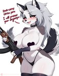 big_breasts black_clothing black_legwear blush breasts clothing cute_fangs dialogue fangs female fur grey_hair gun hair holding_gun holding_object holding_ranged_weapon holding_weapon legwear long_hair looking_at_viewer navel open_mouth pasties patreon_username ranged_weapon red_sclera simple_background tail tail_motion tailwag teeth text underwear weapon white_background white_body white_fur hellhounduwu helluva_boss kalashnikov mythology loona_(helluva_boss) canid canid_demon canine demon hellhound mammal mythological_canine mythological_creature 2025 digital_media_(artwork) english_text hi_res