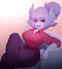 alternate_species anthro big_breasts black_bottomwear black_clothing black_pants bottomwear breasts clothed clothing female fur furrification hair horn long_ears long_hair looking_at_viewer pants red_clothing red_eyes red_shirt red_topwear shirt simple_background sitting solo thick_thighs tied_hair topwear white_body white_fur white_hair white_horn alleycat_arts helltaker goat_lucifer_(helltaker) bovid caprine goat mammal absurd_res hi_res