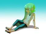 4_fingers 5_toes bent_leg black_flip_flops blue_bottomwear blue_clothing blue_pants bottomwear braided_hair clothed clothed_female clothed_humanoid clothing eyebrows feet female female_humanoid fingers flat_chested fully_clothed fully_clothed_female fully_clothed_humanoid gradient_background green_eyebrows green_hair grey_clothing grey_shirt grey_tank_top grey_topwear hair half-closed_eyes humanoid_pointy_ears light long_hair mouth_closed narrowed_eyes pants pointy_ears pseudo_hair purple_eyes shirt simple_background sitting solo straight_arm tank_top tentacle_hair tentacles toes topwear torn_sleeves toasterwitch nintendo splatoon fan_character cephalopod humanoid inkling marine mollusk 2023 colored digital_drawing_(artwork) digital_media_(artwork) english_description hi_res lighting shaded