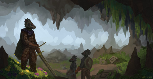 anthro cave clothed clothing group holding_melee_weapon holding_object holding_sword holding_weapon looking_at_object male melee_weapon partially_clothed partially_clothed_anthro realistic side_view standing sword trio weapon hilyasp lizard reptile scalie 2025 detailed digital_media_(artwork) digital_painting_(artwork) hi_res painting_(artwork)