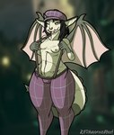 abstract_background anthro bat_wings black_hair bottomwear breasts camel_toe clothing facial_piercing female fingers grey_body grey_skin hair hat headgear headwear long_tail looking_at_viewer membrane_(anatomy) membranous_wings navel nipples nose_piercing nose_ring one_eye_closed pants piercing pointy_ears ring_piercing small_breasts smile solo spiked_tail spikes spikes_(anatomy) suspenders suspenders_pull tail thick_thighs tongue tongue_out wide_hipped_anthro wide_hipped_female wide_hips wings wink winking_at_viewer yellow_eyes fdaapprovedbeef deadlock valve ivy_(deadlock) gargoyle 2024 absurd_res artist_name digital_drawing_(artwork) digital_media_(artwork) hi_res watermark