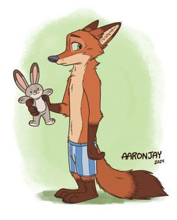 anthro biped black_nose boxers_(clothing) clothed clothing dipstick_tail doll fur gloves_(marking) green_eyes leg_markings male markings orange_body orange_fur plushie pose side_view socks_(marking) solo tail tail_markings topless topless_male underwear aar0njay disney zootopia judy_hopps nick_wilde canid canine european_rabbit fox inanimate_object lagomorph leporid mammal oryctolagus rabbit red_fox true_fox 2024 dated digital_drawing_(artwork) digital_media_(artwork) full-length_portrait hi_res portrait