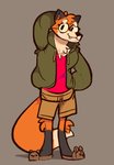 animal_slippers anthro bear_slippers big_eyes bottomwear cargo_shorts clothed clothing eyewear footwear glasses grey_background hand_behind_head hoodie looking_at_viewer male open_clothing open_hoodie open_topwear shirt shoes shorts simple_background slippers smile solo standing topwear scraffyraccoon bear canid canine fox mammal 2020 hi_res