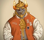 ambiguous_gender anthro bovid bovine clothing dragon facial_hair fire hairy jacket letterman_jacket male mammal mythological_creature mythological_scalie mythology one_eye_closed scalie scottsktch topwear wink