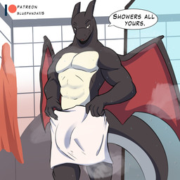abs after_shower anthro bathroom black_body holding_object holding_towel inside looking_at_viewer male membrane_(anatomy) membranous_wings muscular muscular_anthro muscular_male patreon_logo pecs red_membrane solo steam tail towel towel_around_waist wet wet_body wings bluepanda115 mythology nintendo patreon pokemon charizard dragon generation_1_pokemon mythological_creature mythological_scalie pokemon_(species) scalie 1:1 2023 absurd_res digital_media_(artwork) hi_res