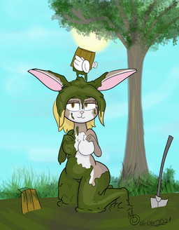 anthro blonde_hair breasts brown_body brown_eyes brown_fur bucket butt chest_tuft container day dirty disembodied_hand featureless_breasts female fur grass hair hand_on_breast hand_on_own_breast kneeling long_ears looking_at_viewer medium_breasts messy mud mud_bath mud_covered muddy narrowed_eyes nude nude_anthro nude_female outside plant shovel sky smile solo sun tools tree tuft white_body white_fur wood_bucket sebaku lagomorph leporid mammal rabbit 2021 dated hi_res signature