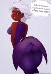 big_butt black_sclera breasts butt clothing dark_body dark_skin eyewear female glasses hair huge_hips legwear looking_back not_furry side_boob text thick_thighs tight_clothing tights white_hair wide_hips hotkeke1 amelia_abernachy human mammal english_text hi_res