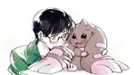 anthro black_hair blush brown_body brown_fur chibi duo eyewear fur glasses hair horn long_ears male lanllan bandai_namco digimon digimon_survive lopmon_(survive) shuuji_kayama digimon_(species) human lopmon mammal