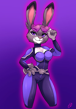 anthro belt bodysuit breasts cleavage cleavage_cutout clothed clothing cocked_hip collarbone confident cutout dipstick_ears ear_markings eyebrows eyelashes eyewear eyewear_on_head female fur grey_body grey_fur hand_on_hip heart_sunglasses multicolored_ears purple_eyes skinsuit smile solo sunglasses sunglasses_on_head tight_clothing wearing_sunglasses white_body white_fur naaraskettu disney nintendo star_fox zootopia judy_hopps european_rabbit lagomorph leporid mammal oryctolagus rabbit 2025 absurd_res hi_res