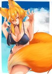 5_fingers amber_eyes big_breasts bikini blonde_hair bottomless breasts clothed clothing cloud day female fingers fluffy fluffy_tail fox_shadow_puppet fur gesture hair holding_object looking_at_viewer navel outside pupils slit_pupils smile solo swimwear tail two-piece_swimsuit yellow_body yellow_fur ishimizu08 animal_humanoid canid canid_humanoid canine canine_humanoid fox_humanoid humanoid mammal mammal_humanoid 2019 absurd_res hi_res portrait three-quarter_portrait