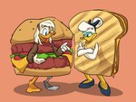 anthro burger burger_costume clothed clothing costume duo eye_contact female food food_costume grilled_cheese looking_at_another prosthetic prosthetic_leg prosthetic_limb sandwich_(food) simple_background koopakrazy85 disney daisy_duck della_duck anatid anseriform avian bird duck