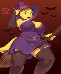 anthro blush breasts broom broom_riding buckteeth cleaning_tool clothed clothing costume female hat headgear headwear holidays magic_user simple_background solo tail teeth witch witch_costume witch_hat yellow_body rainven halloween undertale undertale_(series) alphys lizard reptile scalie 2024 5:6 absurd_res digital_drawing_(artwork) digital_media_(artwork) hi_res