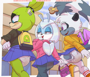 anthro backpack bag blue_body blue_eyes blue_fur bottomwear bread clothed clothing diaper ear_piercing embarrassed exposed_diaper feces female female_anthro food footwear fur green_body green_fur grey_body grey_fur group handbag jumping low-angle_view outside piercing pink_eyes purple_eyes raised_bottomwear raised_clothing raised_skirt school school_uniform skirt skirt_tug socks soiled_diaper soiling toast trio unclean_diaper uniform upskirt used_diaper white_body white_fur paddedulf idw_publishing sega sonic_the_hedgehog_(comics) sonic_the_hedgehog_(idw) sonic_the_hedgehog_(series) jewel_the_beetle surge_the_tenrec tangle_the_lemur afrosoricid arthropod beetle insect lemur mammal primate ring-tailed_lemur strepsirrhine tenrec absurd_res hi_res