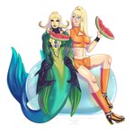 armor black_sclera blonde_hair blue_eyes bottomwear clothing duo eating faulds female food fruit gorget hair jewelry melon neck_accessory necklace plant red_eyes shirt shorts sitting split_form tank_top topwear watermelon watermelon_slice scorpionnurse league_of_legends metroid nintendo riot_games tencent nami_(lol) samus_aran human humanoid mammal marine merfolk 1:1 absurd_res hi_res