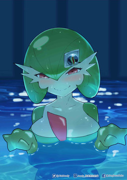 big_breasts blush breasts cleavage clothed clothing female glistening glistening_body glistening_breasts glistening_eyes glistening_hair green_body green_hair hair happy looking_at_viewer night not_furry partially_submerged red_eyes short_hair smile solo white_body catjeady chainsaw_man i'll_teach_you_everything_(chainsaw_man) nintendo pokemon poketoon tomorrow_with_gardevoir yugo's_gardevoir gardevoir generation_3_pokemon humanoid pokemon_(species) absurd_res hi_res