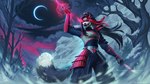 anthro armor black_body black_fur black_hair clothed clothing cloud female female_anthro fur hair holding_knife holding_object horn knife long_hair moon multicolored_hair night open_mouth outside plant red_eyes red_hair red_horn sky solo standing star text tree two_tone_hair white_body white_fur marie_merkh species_request artist_name signature