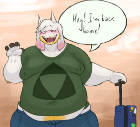 anthro belly belly_overhang belly_peeking_out blush clothing floppy_ears fur horn long_ears male moobs overweight shirt solo t-shirt text topwear white_body white_fur wide_hips arfzilla undertale undertale_(series) asriel_dreemurr bovid caprine goat mammal absurd_res english_text hi_res