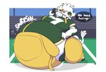 american_football anthro anthro_pred belly big_belly big_breasts breasts cheese clothed clothing dairy_products dialogue female female_pred food hair overalls overweight shirt solo sport tail text thick_thighs topwear torn_clothing unseen_prey vore white_hair wide_hips wisconsin kingcreep105 green_bay_packers nfl green_bay_gal bovid bovine cattle mammal digital_media_(artwork) english_text hi_res