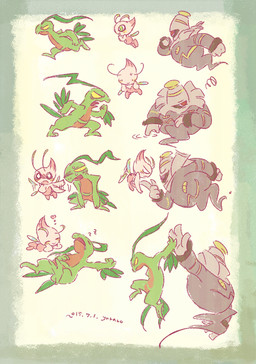 1_eye ambiguous_gender antennae_(anatomy) anthro eyes_closed flying frowning_at_another gesture green_background green_body green_eyes grey_body group hand_gesture heart_symbol high_five jumping lying midair motion_lines on_back open_mouth pink_body pointing pointing_at_another red_eyes simple_background sleeping smile sound_effects star_eyes tail trio vowelless vowelless_sound_effect wings yellow_eyes zzz yura_inaho nintendo pokemon celebi dusknoir generation_2_pokemon generation_3_pokemon generation_4_pokemon grovyle humanoid legendary_pokemon pokemon_(species) shiny_pokemon 2015 dated digital_drawing_(artwork) digital_media_(artwork)