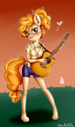 acoustic_guitar anthro anthrofied blush clothed clothing female guitar hair musical_instrument playing_guitar playing_music plucked_string_instrument solo string_instrument anibaruthecat friendship_is_magic hasbro my_little_pony pear_butter_(mlp) earth_pony equid equine horse mammal pony 2017 digital_media_(artwork) hi_res