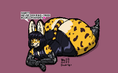 amber_eyes anthro big_butt big_ears bob_cut butt clothing cybernetic_arm cybernetic_leg cybernetic_limb cybernetics dialogue dress eyeshadow femboy footwear fur grin hair high_heels huge_butt hyper hyper_butt inner_ear_fluff lips machine makeup male markings shoes short_dress short_hair short_tail smile solo spots spotted_body spotted_fur tail text thick_bottom_lip tuft yellow_body yellow_fur bigassdobermann dakota_silvertail felid feline mammal serval digital_media_(artwork) english_text hi_res pixel_(artwork)