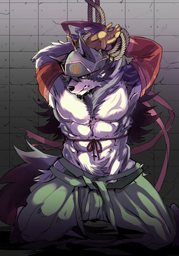 5_fingers abs anthro arms_tied bdsm blush bodily_fluids bound bulge captured clenched_teeth clothed clothing drooling fingers fur glaring hair hat headgear headwear male mongolian mongolian_clothing muscular muscular_anthro muscular_male pecs rope saliva solo teeth topless ohayashi55 lifewonders tokyo_afterschool_summoners temujin_(tas) canid canine canis mammal wolf digital_media_(artwork)