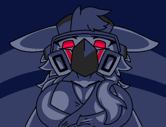 anthro breasts clothing coat female gas_mask lab_coat looking_down low-angle_view low_light mask red_eyes simple_background solo topwear dragontim changed_(video_game) dr._k_(changed) canid canine canis goo_creature mammal wolf official_art